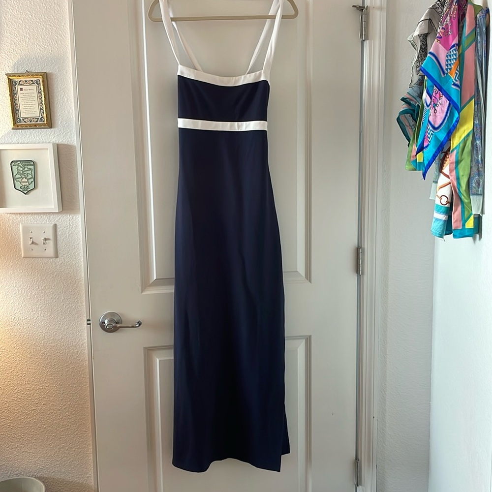 STAUD navy and white maxi dress